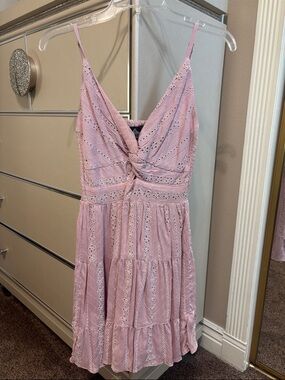 Light Pink Eyelet Tiered Midi Dress with Twist Front